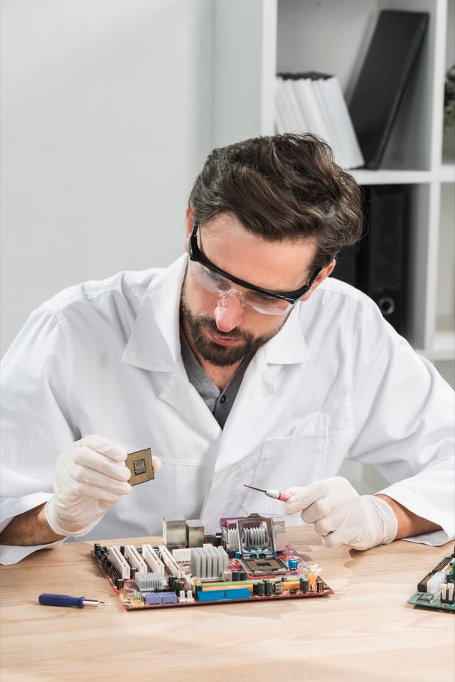 Technician performing chip-level service on a laptop motherboard
