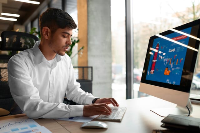 Digital marketing professional analyzing campaign data on a computer